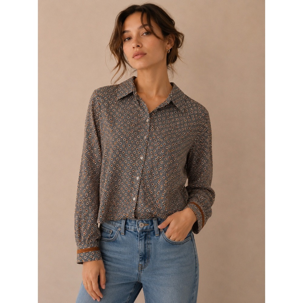 Foxcroft Wrinkle Free Shaped Fit Cotton Button Down Shirt Brown Geometric 16W